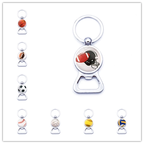Zinc Alloy Sport Ball Pattern Bottle Opener Keychain With Glass Cabochon Basketball Soccer Tennis Souvenir Gift For Sports Fans