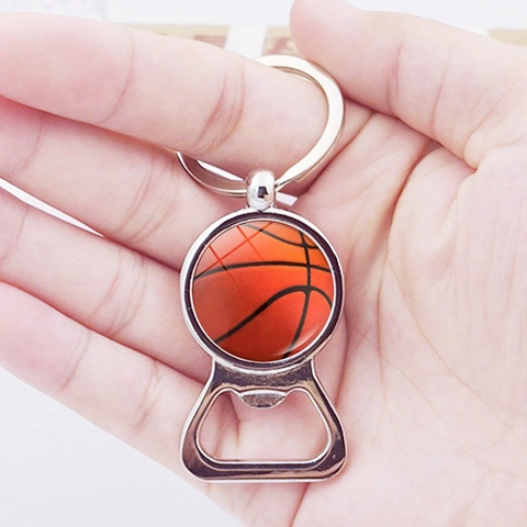 Zinc Alloy Sport Ball Pattern Bottle Opener Keychain With Glass Cabochon Basketball Soccer Tennis Souvenir Gift For Sports Fans