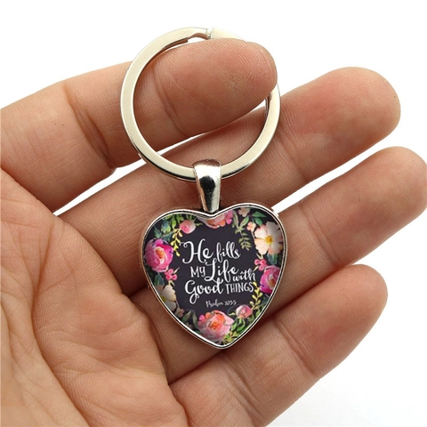 Vintage Zinc Alloy Heart Keychain Floral Inspirational Bible Verse Quote Glass Cabochon Keyring For Women Men Birthday Gift