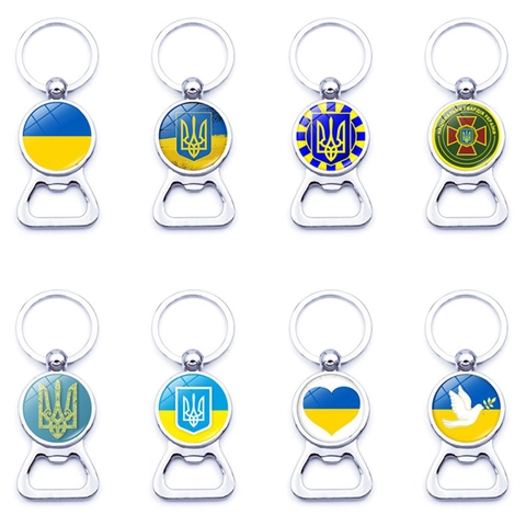 Ukraine Flag Coat Of Arms Trident Bottle Opener Keychain Zinc Alloy Glass Cabochon Pendant Key Ring Souvenir Gift