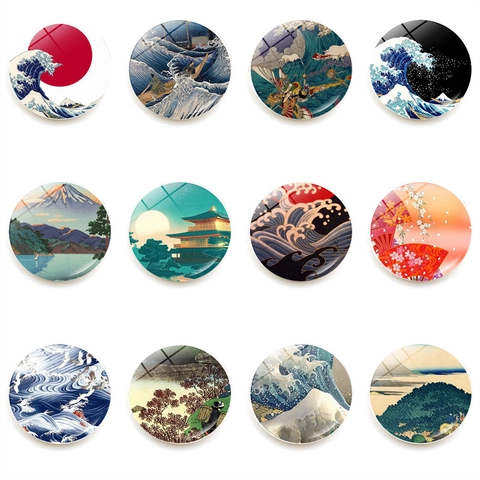 Set di Magneti da Frigorifero in Vetro Arte Giapponese Ukiyo-e La Grande Onda Monte Fuji Magneti Rotondi in Cristallo Decorazione Casa