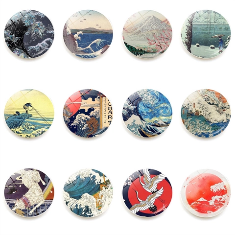 Set di Magneti da Frigorifero in Vetro Arte Giapponese Ukiyo-e La Grande Onda Monte Fuji Magneti Rotondi in Cristallo Decorazione Casa