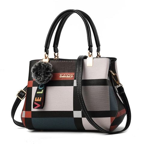 Bolso de Mano Mujer Moda Bloque de Color Cuadros Rejilla Geométrica Cuero PU Gran Capacidad Tote Con Colgante de Bola de Pelo Bolso de Hombro