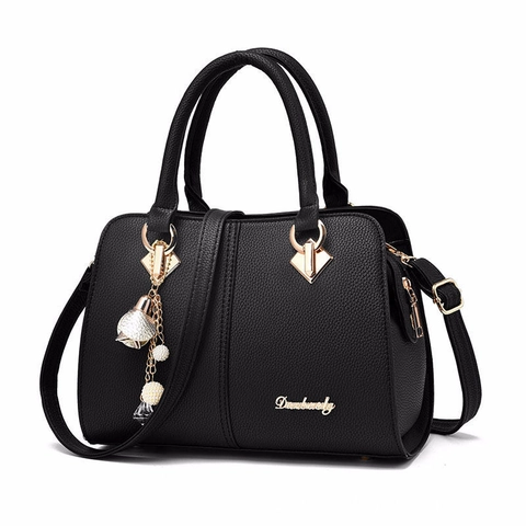 Women PU Leather Handbag Pebbled Texture Large Capacity Shoulder Crossbody Bag Gold Hardware Artificial Pearl Charm Retro Fashion