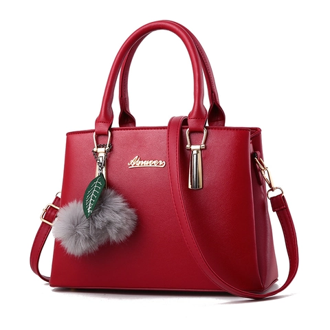 Borsa da Donna in Pelle PU con Ciondolo a Pompon e Foglia Borsa a Tracolla di Grande Capacità Borsa a Mano Versatile