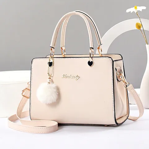 Women Handbag PU Leather Crossbody Bag With White Fur Ball Charm Heart Metal Decor Versatile Fashion Tote For Daily Use