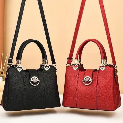 Dames Elegante PU Leren Handtas Litchi Patroon Gouden Hart Bedeltje Top Handvat Schoudertas Grote Capaciteit Crossbody Tas