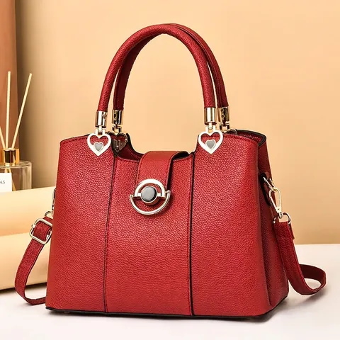 Dames Elegante PU Leren Handtas Litchi Patroon Gouden Hart Bedeltje Top Handvat Schoudertas Grote Capaciteit Crossbody Tas
