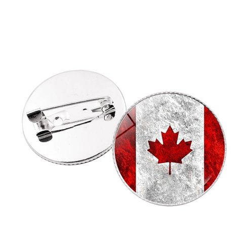 Canada Flag Maple Leaf Brooch Pin For Clothes Bag Round Glass Gemstone Badge Vintage Alloy Brooches Jewelry Decoration Unisex