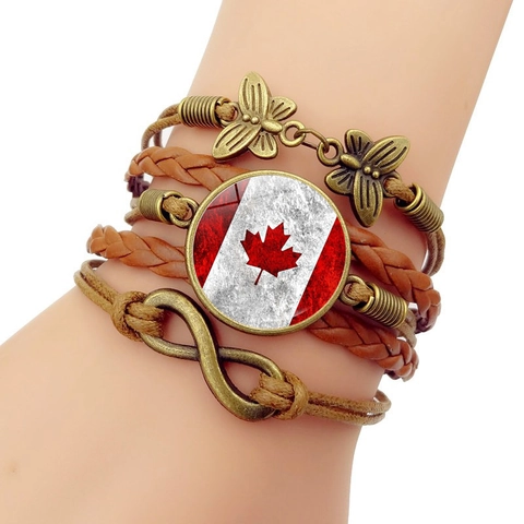 Bracciale In Pelle Intrecciata Multistrato Bandiera Foglia Di Acero Canada Lega Farfalla Simbolo Infinito Gioielli Retro