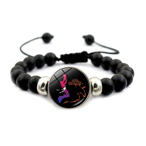 Bracelet de Perles Basket Perles en Résine Noire Dépolie Corde Réglable Pendentif en Verre Silhouette de Joueur Bijoux Sportifs