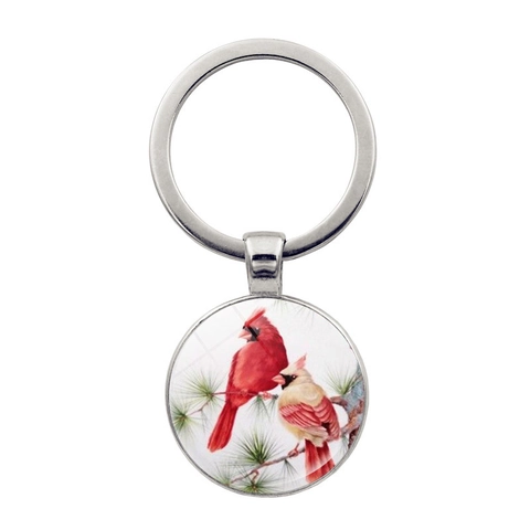 Red Cardinal Bird Art Glass Cabochon Keychain Zinc Alloy Round Pendant Key Ring Nature Winter Snow Scene Jewelry Gift