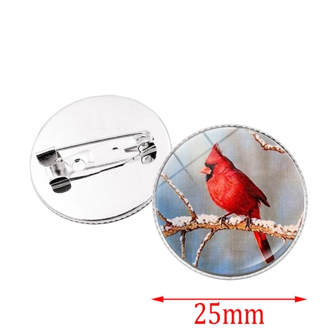 Red Cardinal Bird Brooch Pin Round Glass Cabochon Alloy Vintage Nature Animal Badge For Clothing Bag Jewelry Accessories Decor