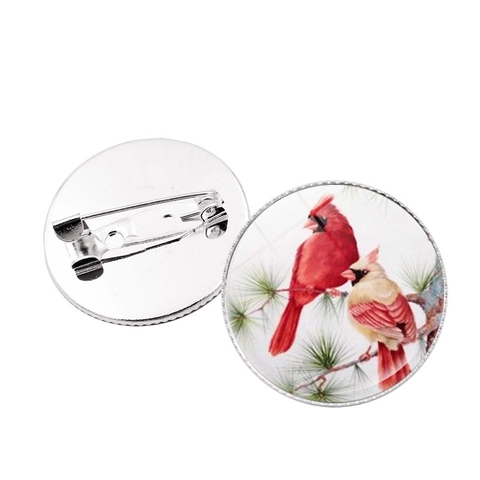 Red Cardinal Bird Brooch Pin Round Glass Cabochon Alloy Vintage Nature Animal Badge For Clothing Bag Jewelry Accessories Decor