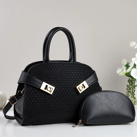 Women Handbag And Pouch Elegant Woven Texture PU Leather Crossbody Shoulder Bag Stylish Tote With Golden Buckle Fashion