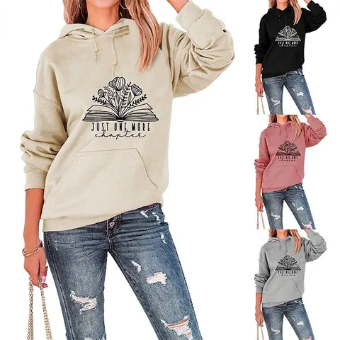 Women Hoodie Cotton Polyester Long Sleeve Just One More Chapter Floral Book Print Casual Literary Pullover Sweatshirt