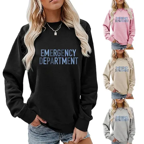 Women Emergency Department Letter Print Crew Neck Sweatshirt Long Sleeve Cotton Blend Pullover Loose Fit Streetwear Top