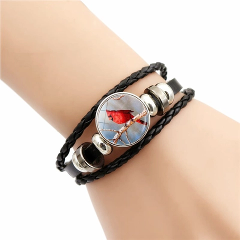 Bracelet en Cuir Tressé Cardinal Rouge Vintage Avec Cabochon en Verre Multicouche Perle en Alliage Bracelet Réglable pour Femme Bijoux