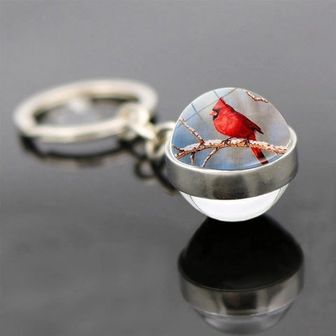 Portachiavi con Sfera di Vetro a Doppia Faccia con Uccello Cardinale in Lega di Zinco Gemma del Tempo Portachiavi Gioielli per Amanti della Natura