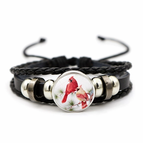 Bracelet en Cuir Tressé Cardinal Rouge Vintage Avec Cabochon en Verre Multicouche Perle en Alliage Bracelet Réglable pour Femme Bijoux