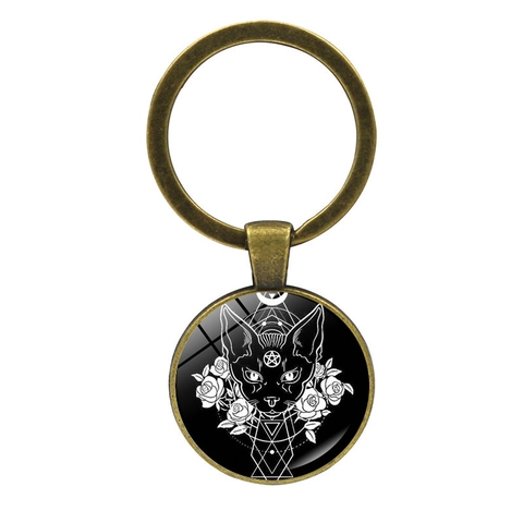 Portachiavi Gatto Pentagramma Strega Gotica Bronzo Retro Lega Zinco Cabochon Vetro Misterioso Occulto Ciondolo Regalo
