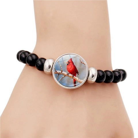Braccialetto di Perline con Cardinale Nero Elastico in Resina Vetro Cabochon Bracciale Charm per Uomo Donna Gioielli Vintage Natura Regalo