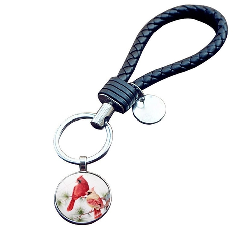 Vintage Cardinal Bird Time Gem Glass Pendant Keychain Hand Woven PU Leather Strap Key Ring Zinc Alloy Jewelry Winter Gift