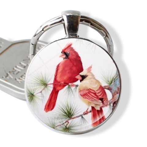 Zinc Alloy Cardinal Bird Keychain Glass Cabochon Red Bird Pine Tree Winter Snow Pendant Key Ring For Christmas Gift Women