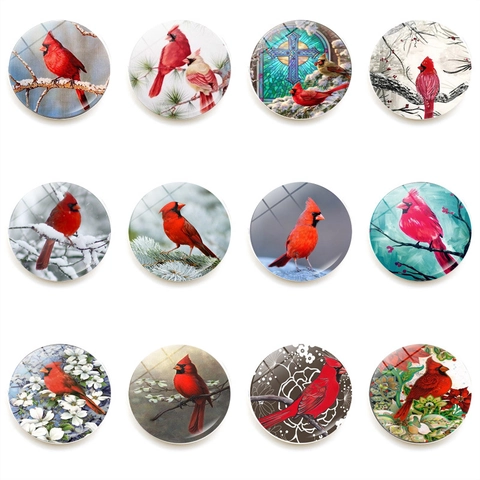 Imán de Nevera Redondo de Vidrio de Cristal de 25mm Patrón Pájaro Cardenal Pegatina Magnética Pizarra Blanca Decoración Hogar