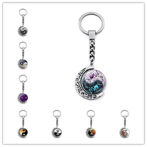 Porte-Clés Rotatif Yin Yang Tai Chi Papillon Verre Double Face Lune Métal Anneau De Clé Pour Femmes Hommes Arbre De Vie Chat Bijoux D'Art Cadeau