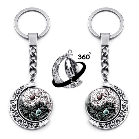 Porte-Clés Rotatif Yin Yang Tai Chi Papillon Verre Double Face Lune Métal Anneau De Clé Pour Femmes Hommes Arbre De Vie Chat Bijoux D'Art Cadeau