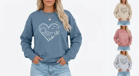 Damen Lake Life Grafikdruck Sweatshirt Rundhalsausschnitt Langarm Baumwollmischung Casual Lockerer Pullover Top