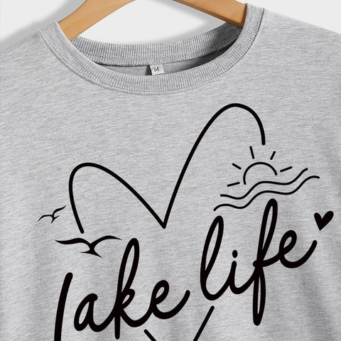 Damen Lake Life Grafikdruck Sweatshirt Rundhalsausschnitt Langarm Baumwollmischung Casual Lockerer Pullover Top