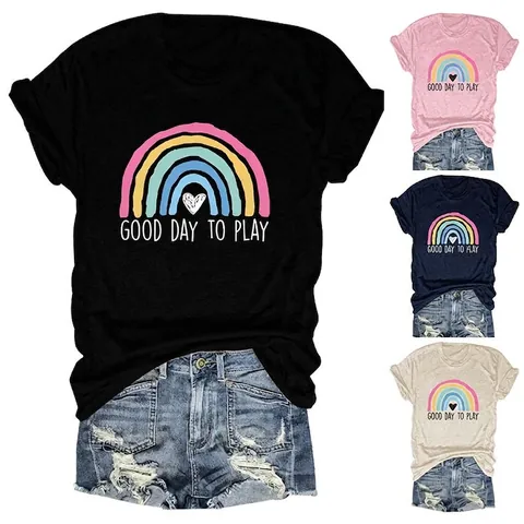 T-Shirt à Manches Courtes Décontracté en Coton Mélangé pour Femmes Imprimé Arc-en-ciel Cœur Good Day To Play Col Rond