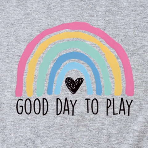 T-Shirt à Manches Courtes Décontracté en Coton Mélangé pour Femmes Imprimé Arc-en-ciel Cœur Good Day To Play Col Rond