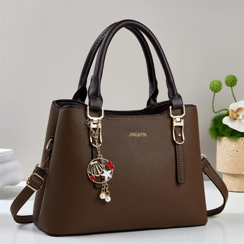 Borsa a Mano da Donna in Pelle PU con Motivo Litchi Grande Capacità Shopping Bag Con Ciondolo Marino Borsa a Tracolla Per Lavoro