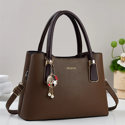 Litchi Muster PU Leder Handtasche Damen Große Kapazität Schulter Crossbody Tote Bag Mit Metallischem Muschel Künstliche Perlen Anhänger