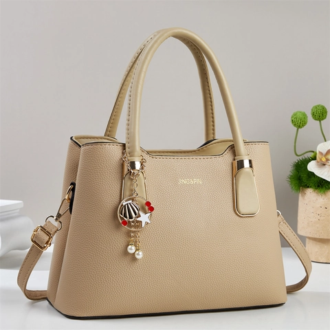 Litchi Muster PU Leder Handtasche Damen Große Kapazität Schulter Crossbody Tote Bag Mit Metallischem Muschel Künstliche Perlen Anhänger