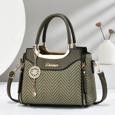 Elegant Women Top Handle Handbag PU Leather Herringbone Woven Patchwork Retro Crossbody Bag With Gold Hardware