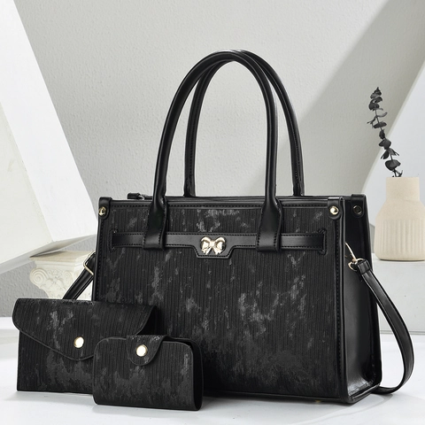 Borsa A Mano Tote Elegante Retrò Portafoglio Porta Carte Pelle PU Trama Metallica Fiocco Dorato Borsa A Tracolla Donna