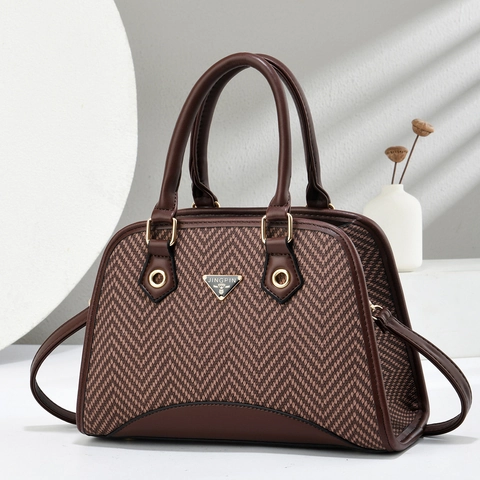 Elegant Herringbone Woven Fabric PU Leather Handbag For Women Contrast Color Shell Shape Commute Crossbody Shoulder Bag