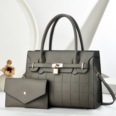 Lychee Texture PU Leather Handbag And Wallet Grid Embossed Golden Lock Large Capacity Commuter Shoulder Bag For Women