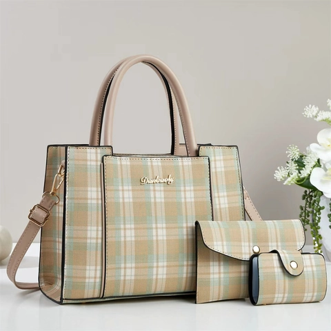 Karierter Shopper Mit Umschlag Geldbörse Und Kartenhalter Damen Mode Kunstleder Handtasche Vintage Gitter Schultertasche