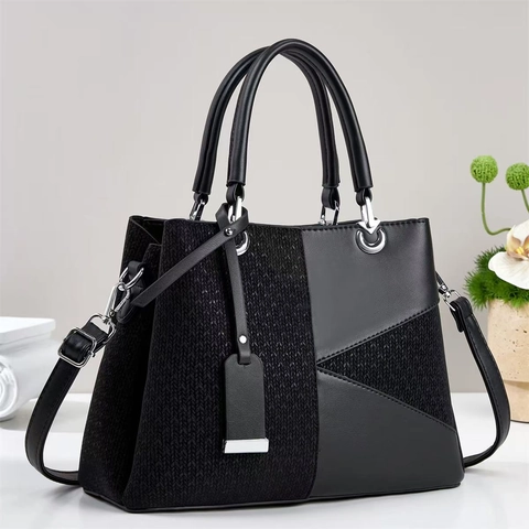 Sac À Main Femme Cuir PU Et Tissu Texturé Grande Capacité Sac À Poignée Supérieure Bandoulière Réglable Style Élégant