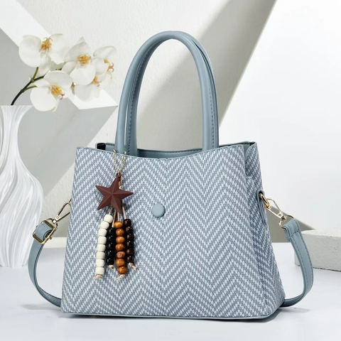 Bolso De Mano Para Mujer Tejido Espiga Cuero PU Bolso Bandolera Tote Gran Capacidad Asa Con Colgante Estrella Cuentas Madera