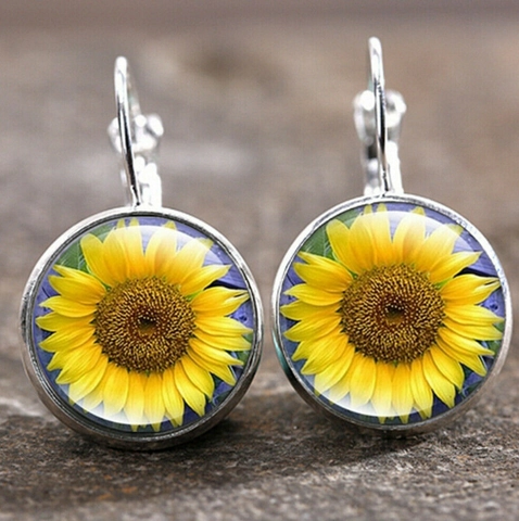Sonnenblume Vintage Klappbügel Ohrringe Legierung Glas Cabochon Floral Hänger Schmuck Für Frauen Klassischer Stil