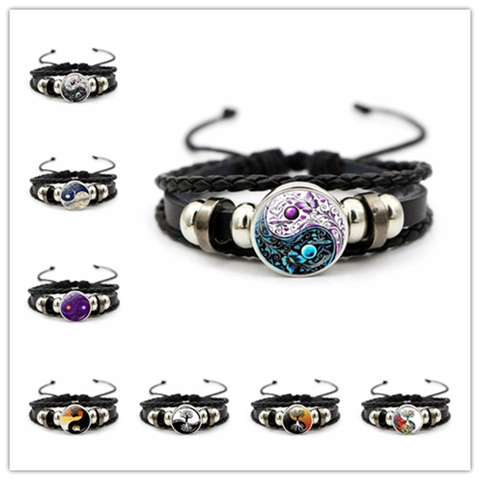 Bracelet Tissé en Cuir Multi-couches Vintage pour Hommes Femmes Yin Yang Arbre de Vie Gemme en Verre Bijoux Ajustables