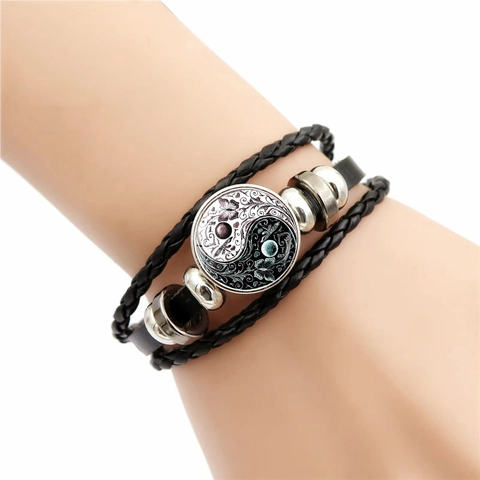 Bracelet Tissé en Cuir Multi-couches Vintage pour Hommes Femmes Yin Yang Arbre de Vie Gemme en Verre Bijoux Ajustables