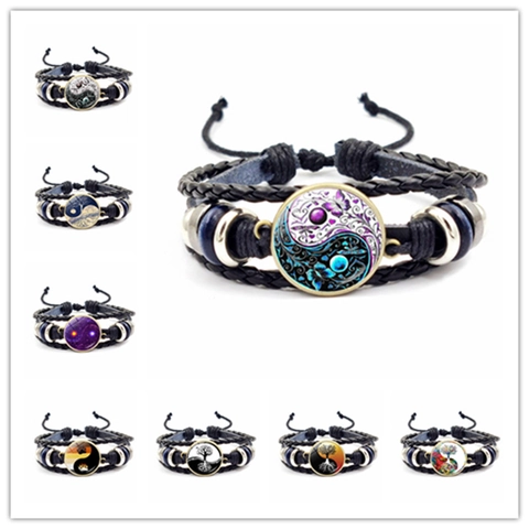 Braccialetto in Pelle Intrecciata a Mano Yin Yang Albero della Vita Multistrato in Lega Vetro Gioielli Uomo Donna Vintage