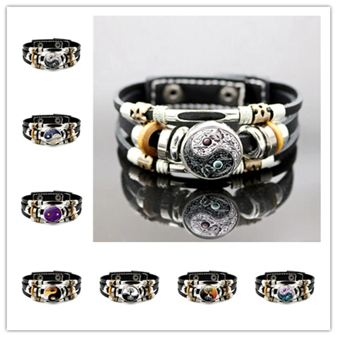 Pulsera De Cuero Multicapa Yin Yang Taiji Retro Punk Aleación Vidrio Madera Cabujón Joyería Para Hombres Mujeres